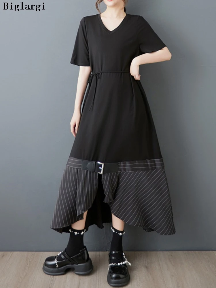 

Oversized Summer Dress Women Striped Print Patchwork Irregular Split Fashion Ladies Dresses Loose Casual Woman A-Line Dress
