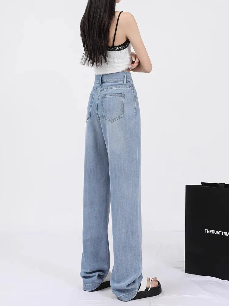 

High Waist Straight Leg Ultra Thin Summer Denim Jeans Women's Ice Silk Floor Length Wide Leg Pants Durable Comfortable Casual...