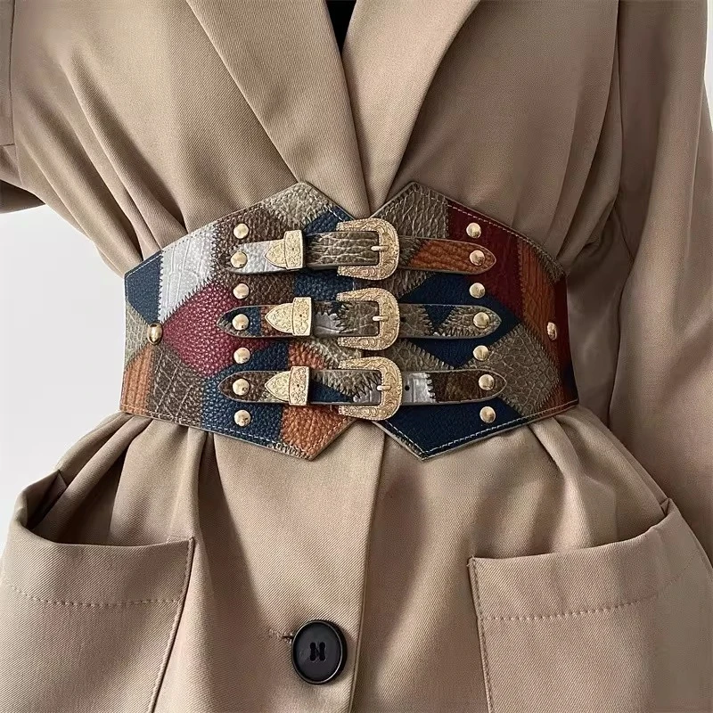 

Женский винтажный широкий эластичный пояс-корсет из искусственной кожи с пряжками, в стиле ретро, для платьев и рубашек