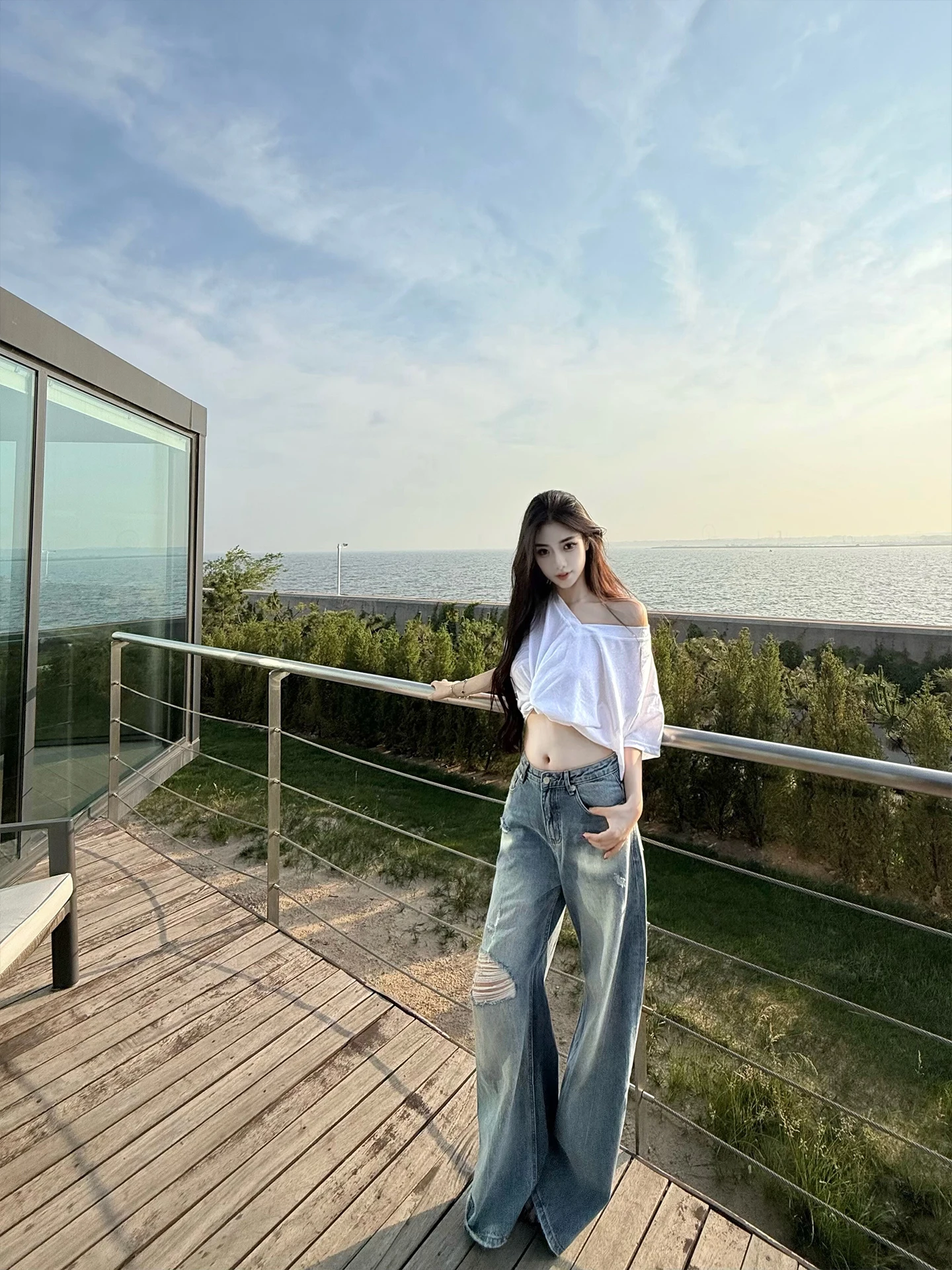 

Женские модные светлые джинсы J Studio с широкими штанинами, прямые, летние, в пол, повседневные, с дизайнерскими прорезями