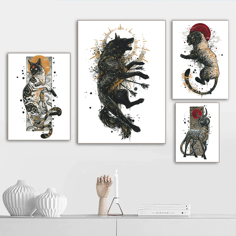 Divine Beast Series Posters Nekomata Bakunawa Baihu Tiangou Prints Canvas Printing Wall Art Picture for Living Room Home Decor