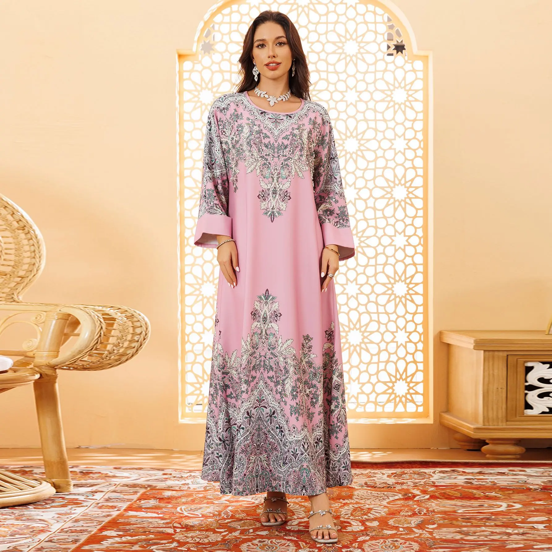 Middle Eastern Abaya Muslim Jalabiya Pullover Printed Flower Rhinestone Long Loose Maxi Abaya Robe Women's Dress