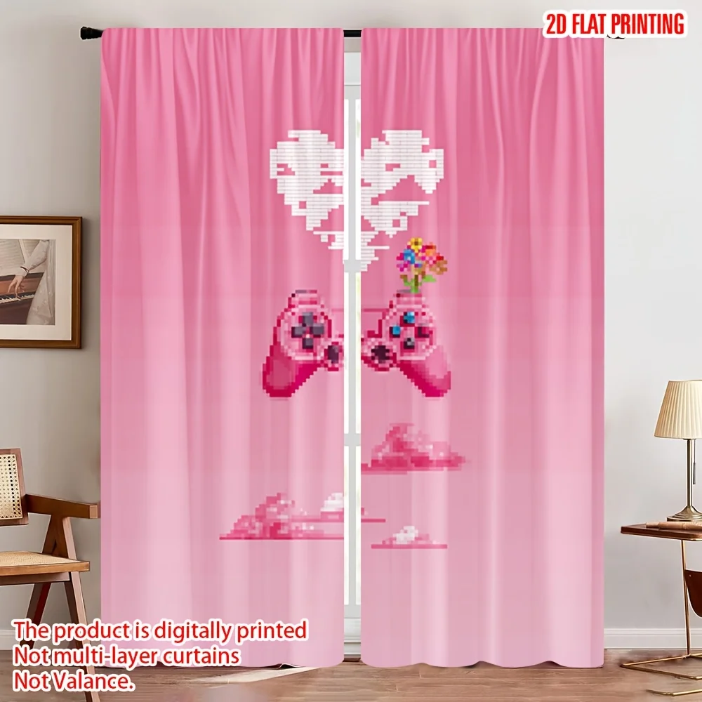 Pink Pixel Heart Game Controller Curtain, Gamer Girl Room Decor Drape, Retro 8-bit Joystick Window Treatment for Bedroom Living