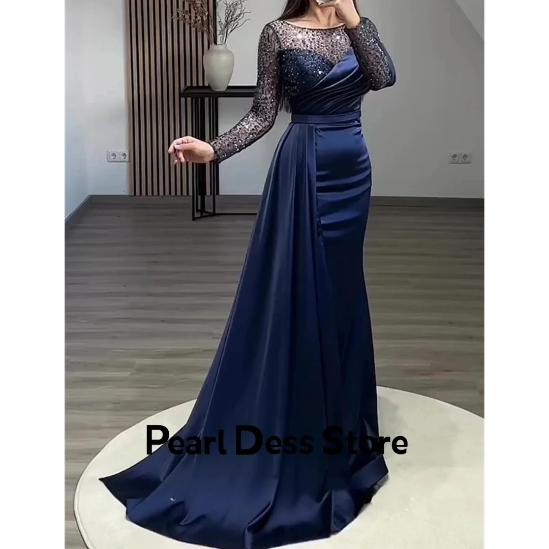 Pearl Crew Neck Evening Luxury Dress 2024 Navy Blue Serin Evening Dresses for Formal Occasions Long Sleeves Beads Satin Fishtail