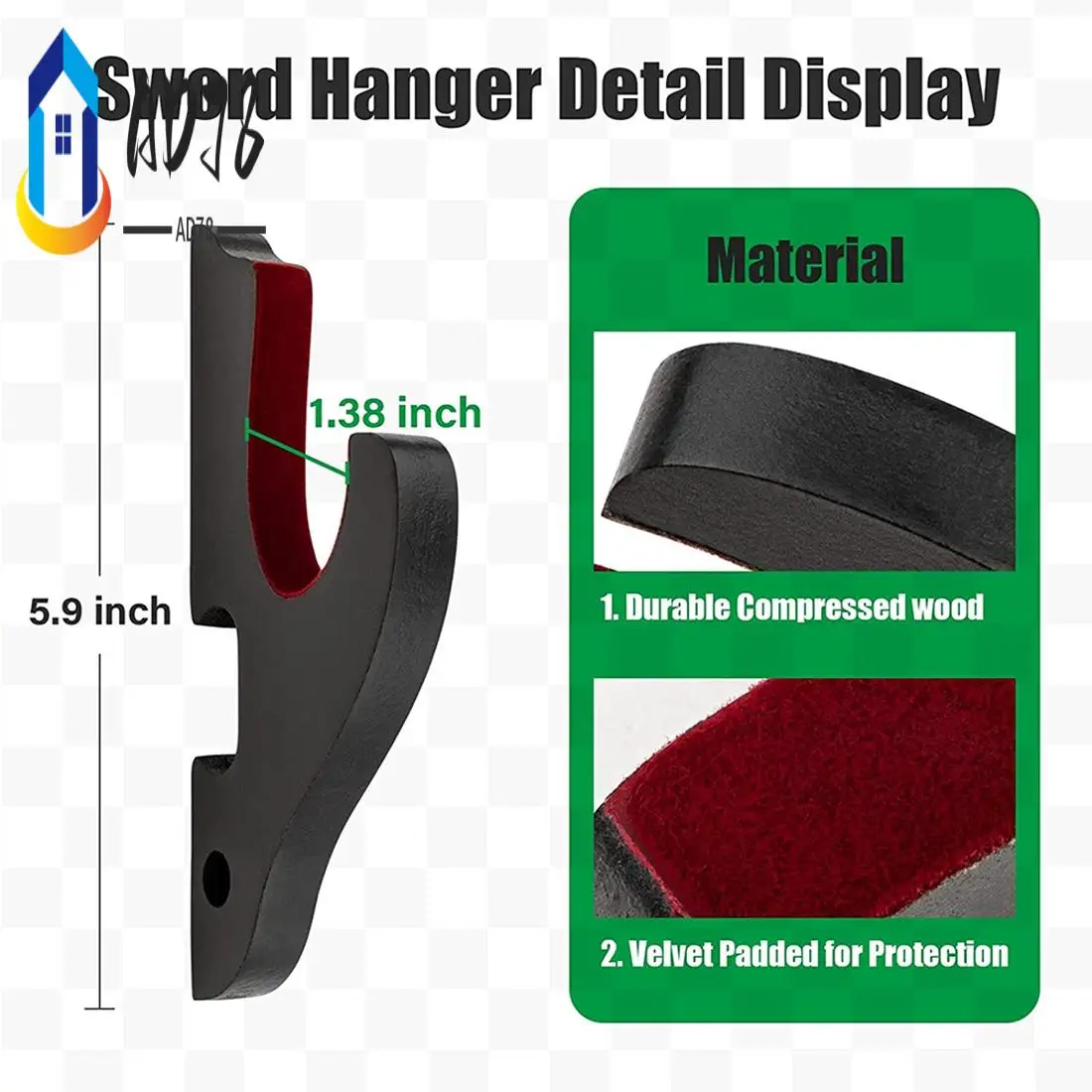 

AD78-Sword Wall Mount 2/Set 1-Tier Padded Hook Katana Holder Adjustable Display Hanger For Samurai Sword Tanto