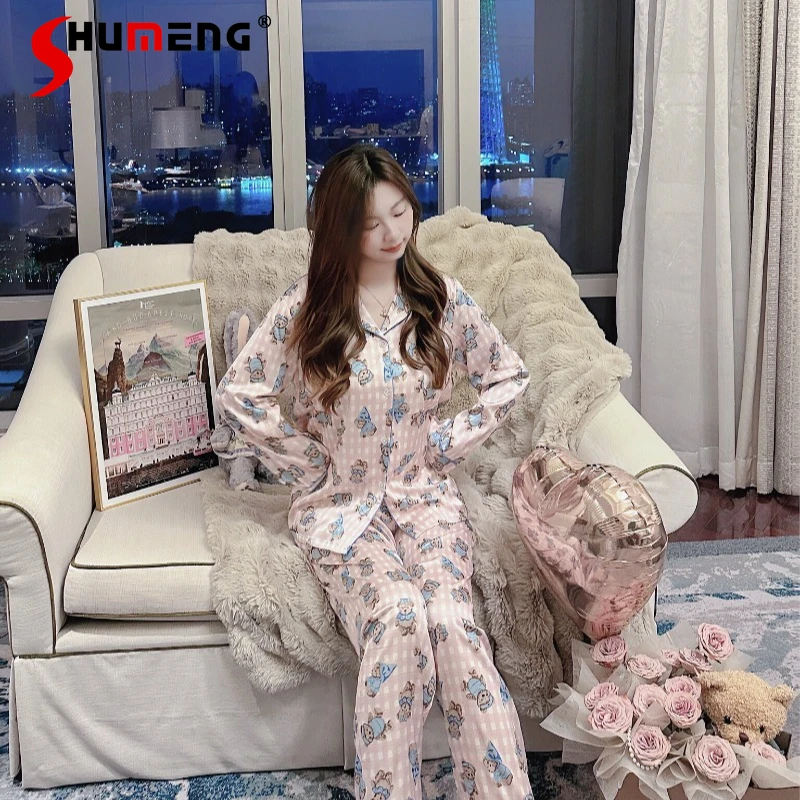 

Cartoon Plaid Print Spring and Autumn Girl Pajamas Long Sleeve Long Pants Homewear Women's Japanese Style Sweet Sleep Set