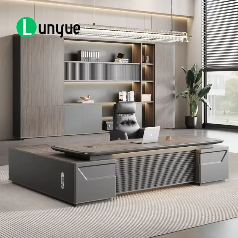 Modern L Shaped Lacquered Desktop with Combination Lock Locker Office Furniture Executive Workstation for Home