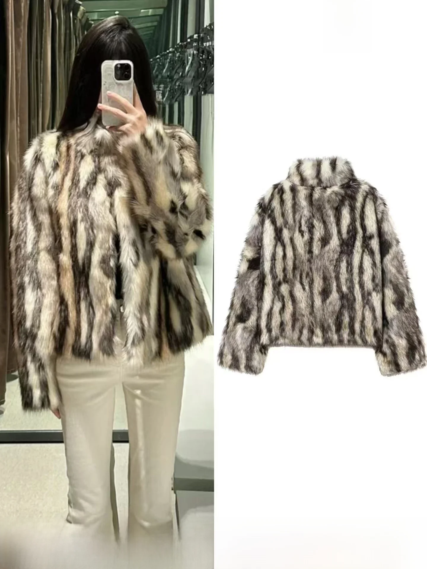 

Fashionable Stand Collar Artificial Fur Effect Coat Women's Casual Loose Fit Short Outerwear Warmth Provided by Polyester Fiber
