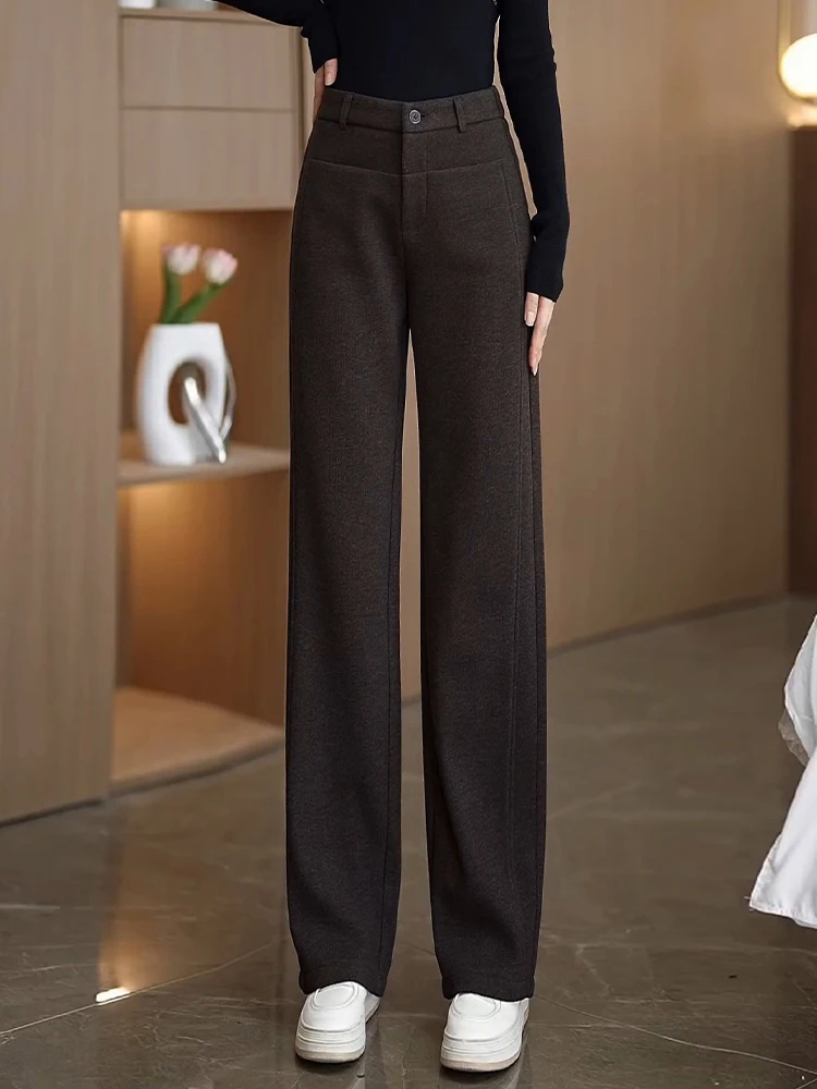 

High Waist Fleece Lined Woolen Wide Leg Pants Women's Autumn Winter New Style Dreamy Elegant Commute Style Straight Cut Trousers