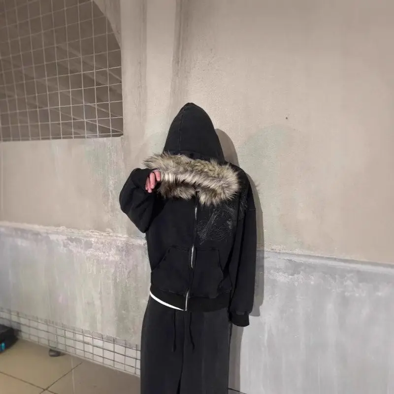 سترة قوطية ذات ياقة بسحاب من الجلد الاصطناعي سترة مفتوحة مطبوعة Y2K ملابس خارجية عصرية للنساء