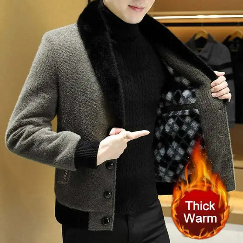 Winter Style Plush Thick Golden Mink Jacket Long Slim Woolen Coat Jacket Casual Social Overcoat Windbreaker Men Jackets Clothing