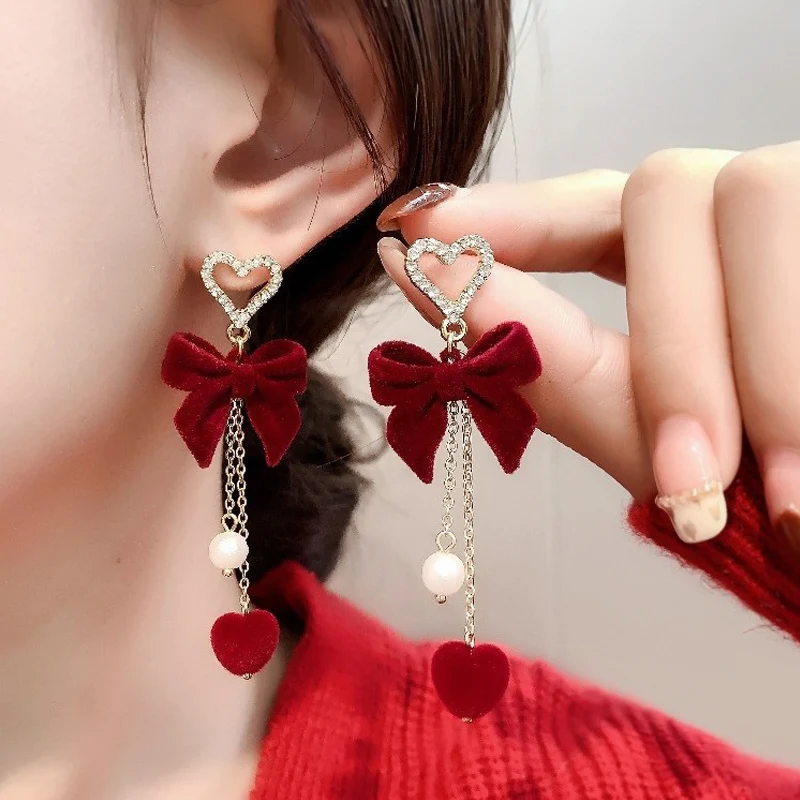 

Fashion Red Velvet Bowknot Pearl Tassel Earrings for Women Crystal Zircon Love Heart Shape Fish Star Earring Girls Party Jewelry