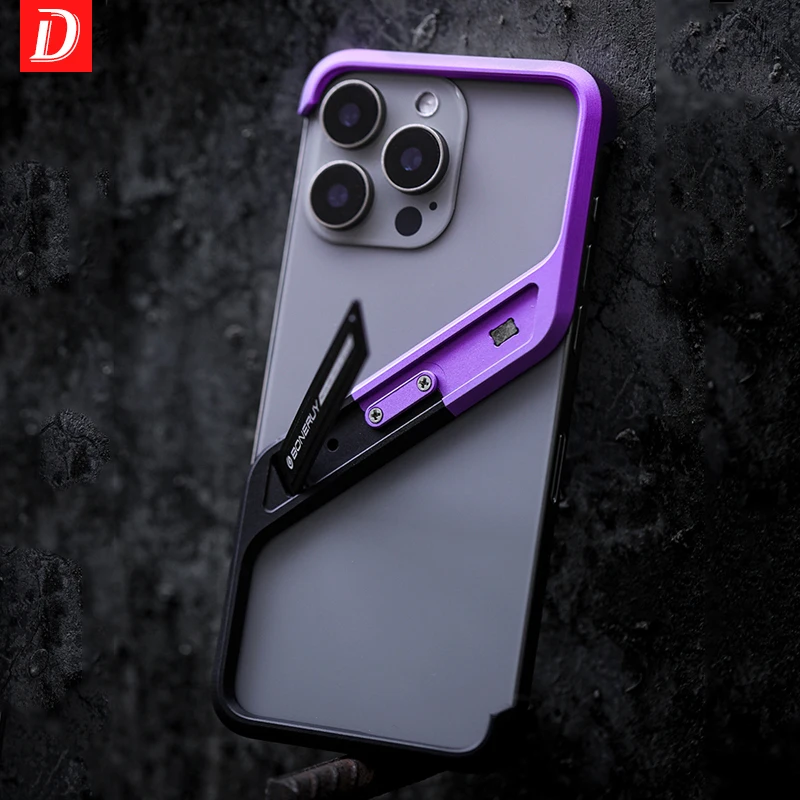 

Luxury Metal Phone Case For iPhone 14 15 16 Pro Max 16Pro Aluminum Alloy Hidden Stand S-shaped Geometric Rimless Removable Cover