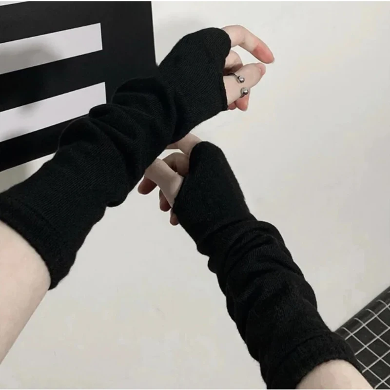 Men Women Fingerless Stripe Hip-Hop Knitted Elbow Mittens Elastic Outdoor Arm Warmer Y2K Autumn Winter Warm Long Sleeves Gloves