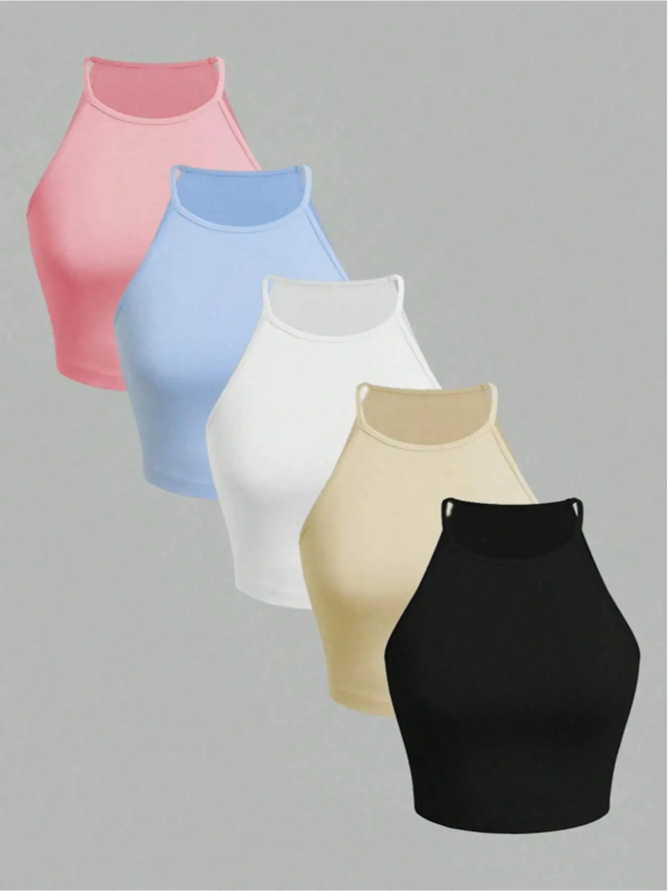 5PC Women's Suit Casual and Comfortable Round Neck Suspender Sleeveless Solid Color Vest Top 5-Piece Set