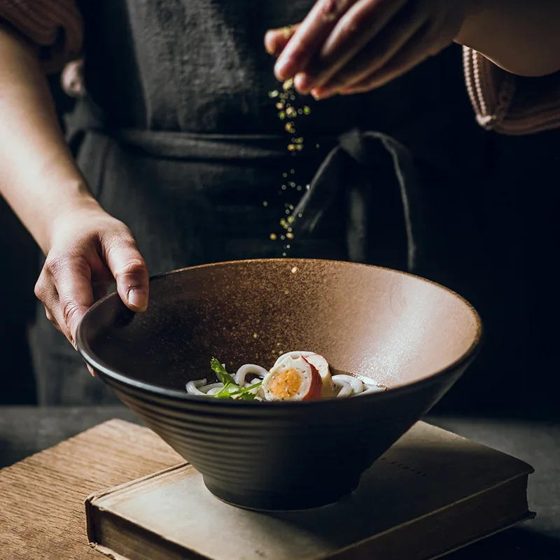 Japanese creative tableware set, commercial bamboo hat ceramic bowl, household large ramen, rice, noodles, soup bowl