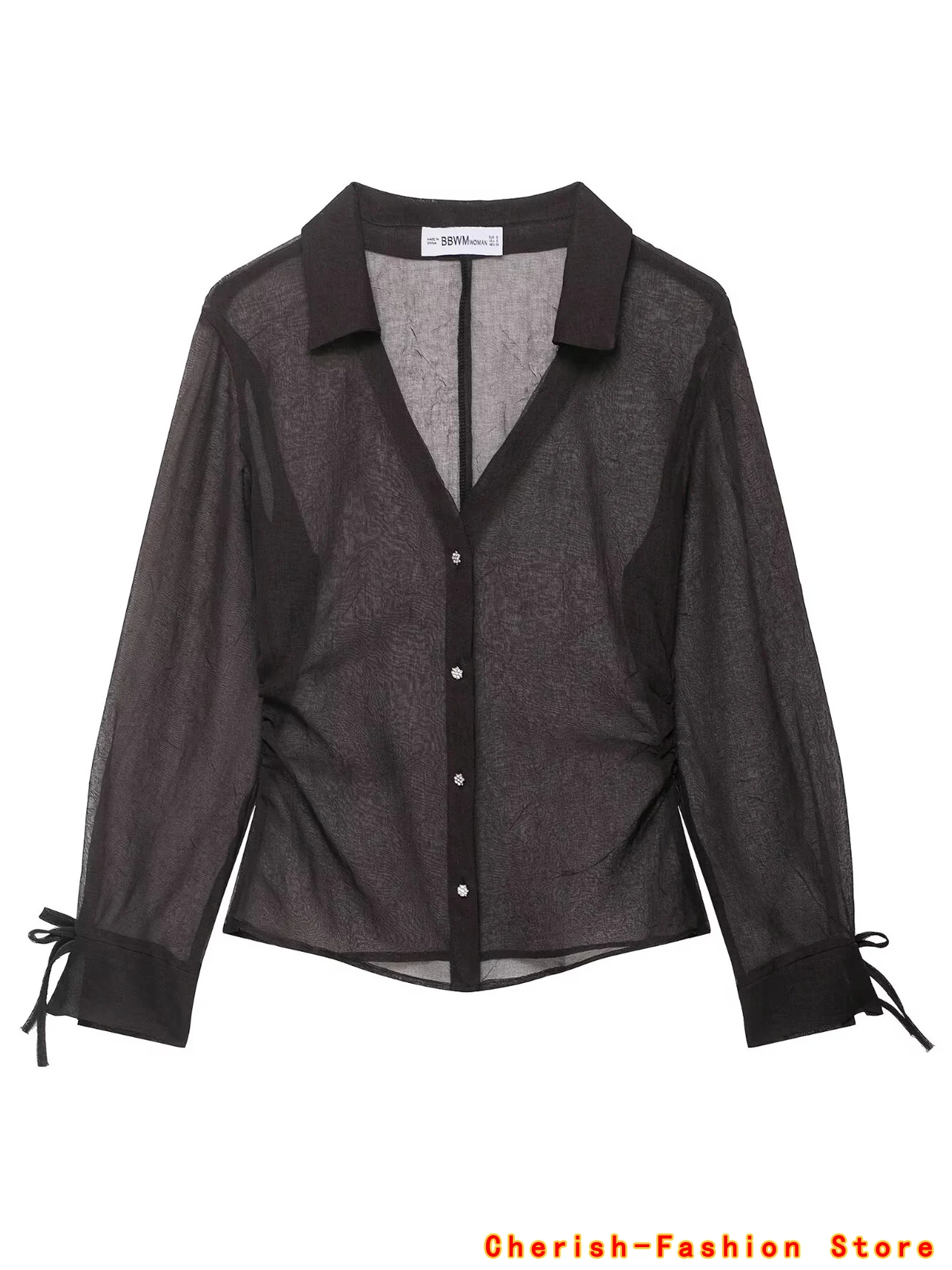 

Summer 2025 New Women's shirt Sexy Semi-Transparent Long Sleeve V-neck Turn-down Collar Casual Fashion Office Lady Shirts