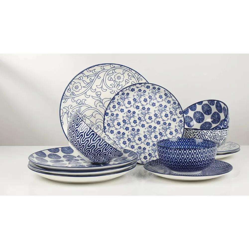 

Vintage Blue Ceramic Dinnerware Set, 12-Piece Plates & Bowls, Dishwasher Safe, Scratch Resistant for Family Dining