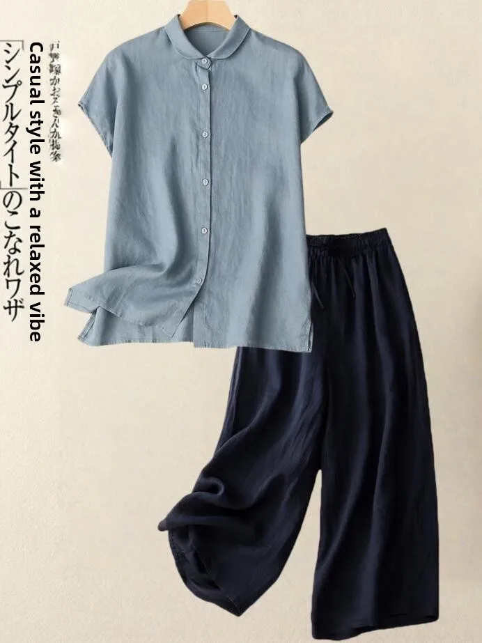 Damski zestaw dwuczęściowy z lnu i bawełny w jednolitym kolorze, letni, nowy model 2025, bluzka z falbankami.