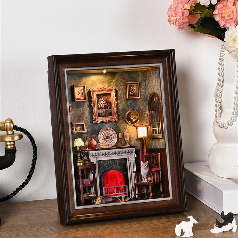 Boekhoekje Kit Open haard DIY 3D Houten Puzzel Fotolijst Ornament Boekenplank Poppenhuis Model Boekensteun Gebouw Woondecoratie