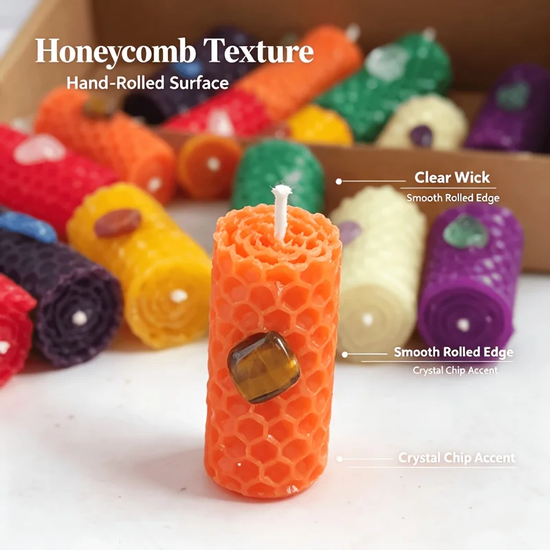 14Pcs Portable Mini Chakra Crystal Candles 1.97x0.79in Hand Rolled Colorful Honeycomb Texture Indoor Table Holiday Decor Gift ﻿