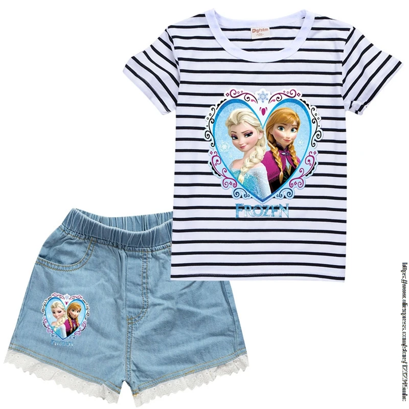 Hot Frozen Elsa Striped Children\'s summer girls cotton short sleeve T-shirt + denim Shorts set birthday gift 2pcs Set