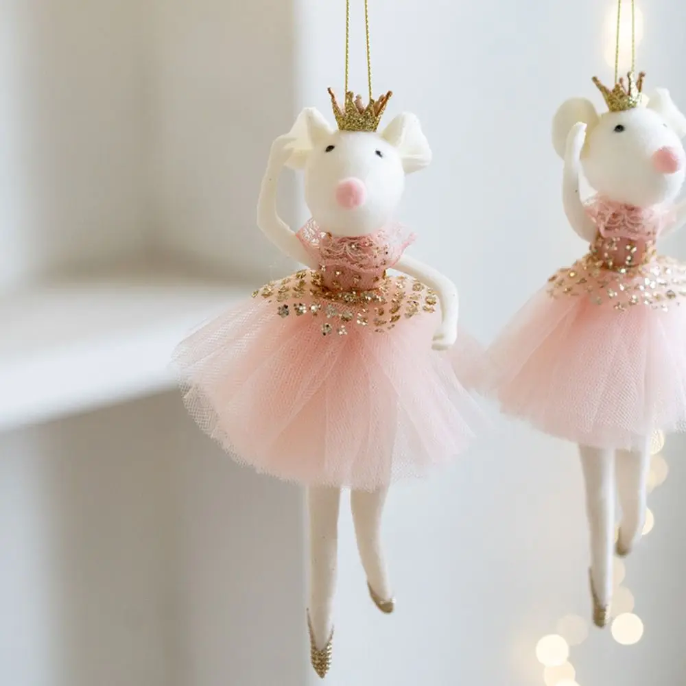 Pink Christmas Ballet Mouse Pendant Cute Mesh Dress Crown Angel Girl Pendant Exquisite Soft Christmas Tree Hanging Decorations