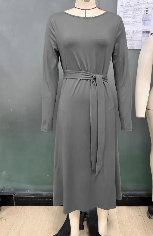 

2025 Autumn/Winter New Women's Fashion Elegant Style Long Sleeve with Belt Dress, Solid Color Knitted A-line Skirt