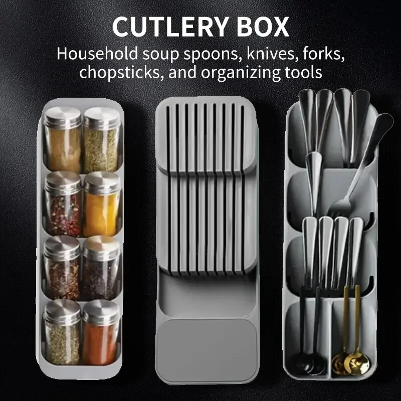 Kitchen Drawer Cutlery Storage Tray Knife Holder Spoon Forks Tableware Organizer Container For Spice Bottles Knives Block Rack