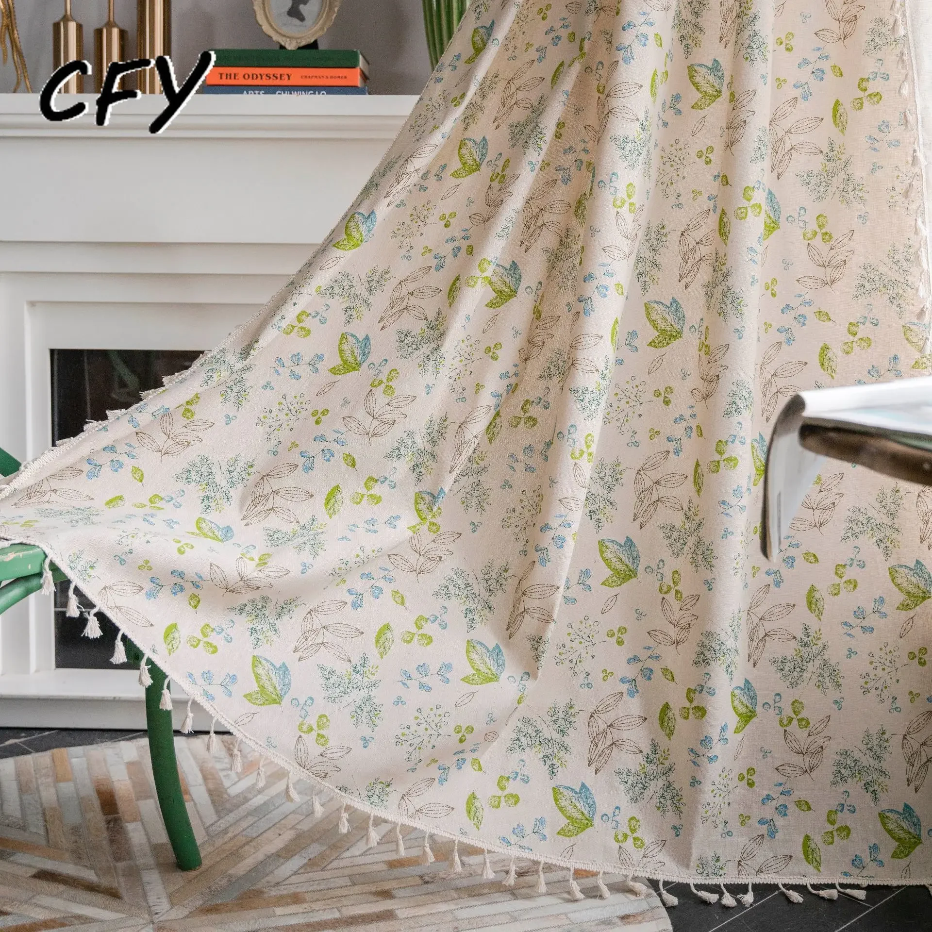 

Cotton Linen green leaves with Tassel Window Curtain Semi-shading Drapes for Living Room Bedroom Kitchen Door Drapes