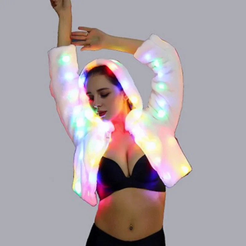 

Party Rave Outfit LED White Fur Coat Hoodie Women Nightclub Bar Stage Performance Wear Gogo Dancer Show Light Up Clothes 2024