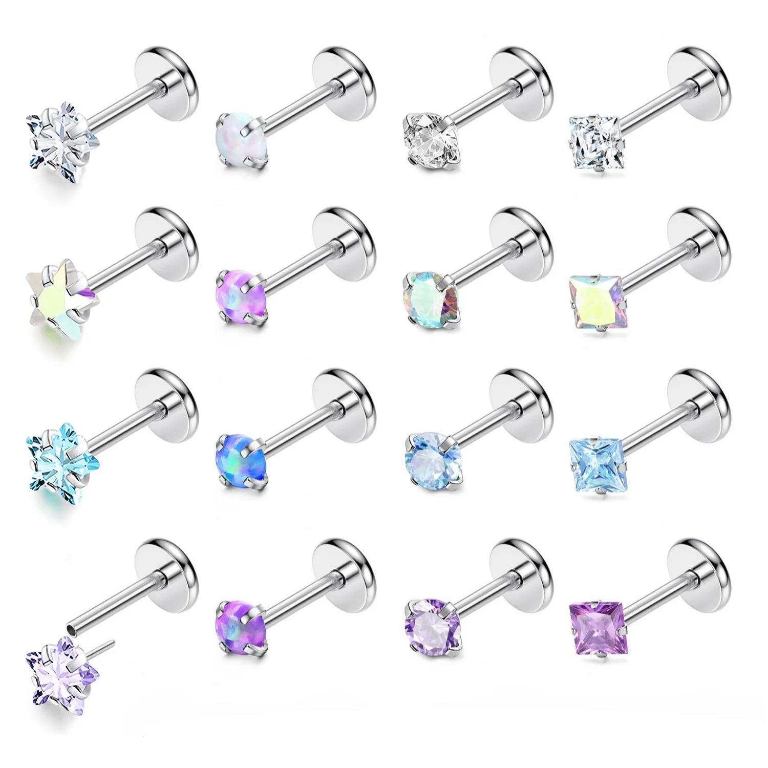 16 Pcs 20G 18G Threadless Push in Earring Studs Labret Lip Studs Surgical Steel 3mm Crystal Opal Nostril Piercing Jewelry