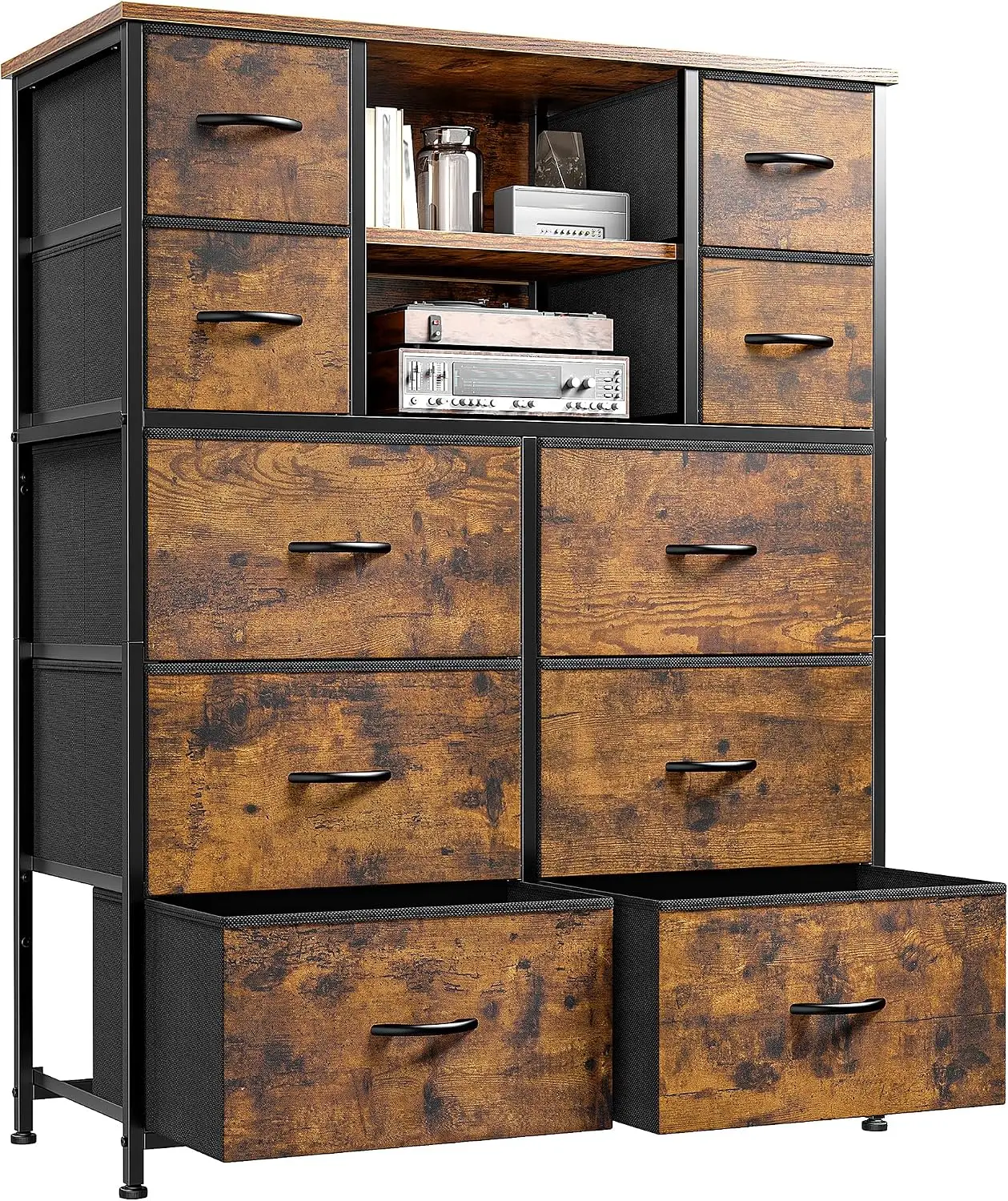 10-Drawer Tall Dresser for Bedroom, 48-Inch Fabric Storage Organizer with Smooth-Glide Drawers, Rustic Brown Cottage-Style Furniture