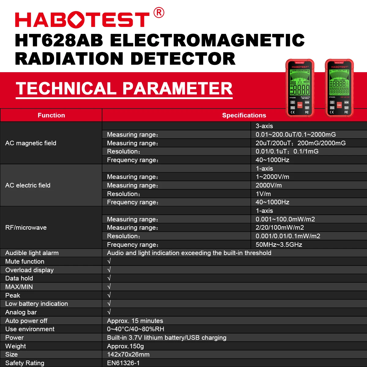 HABOTEST HT628 EMF متر المجال الكهربائي اختبار المجال المغناطيسي كاشف إشعاع الترددات اللاسلكية لاختبار إشعاع التردد الكهرومغناطيسي #6
