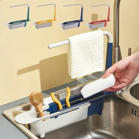 Estante telescópico para fregadero de cocina, bandeja de lavado para el hogar, soporte de esponja de jabón, escurridor ajustable, cesta, Gadgets de cocina