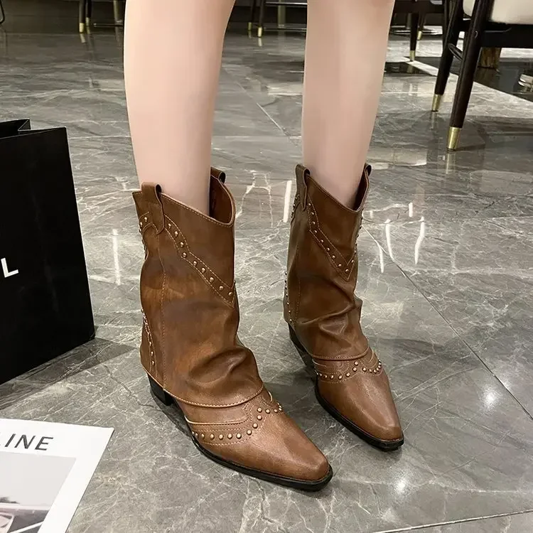 Retro Western Cowboy Boots for Women Spring Autumn New Mid Calf High Heels Pant Boots Female Pointed Toe Thick Heeled Ankle Boat