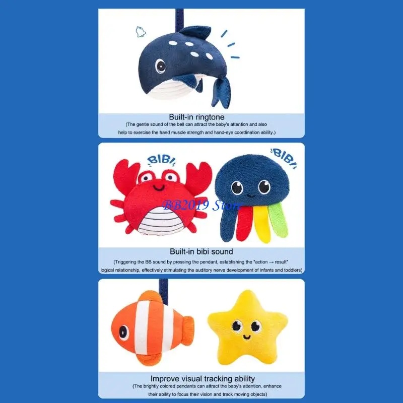 Q0KB Âm nhạc xoay theo chủ đề đại dương Nôi bé động có nhạc êm dịu Đồ chơi bằng vải nhung mềm dành cho trẻ sơ sinh và