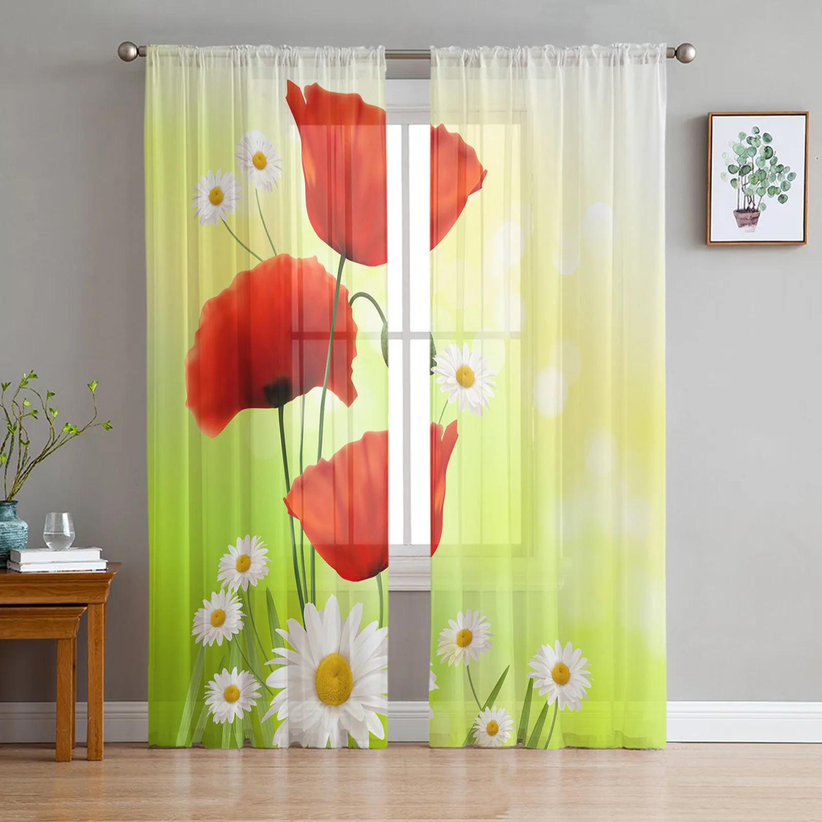 

Poppy Flower Small Daisy Spring Tulle Voile Curtains For Bedroom Window Curtain For Living Room Sheer Curtains Organza Drapes