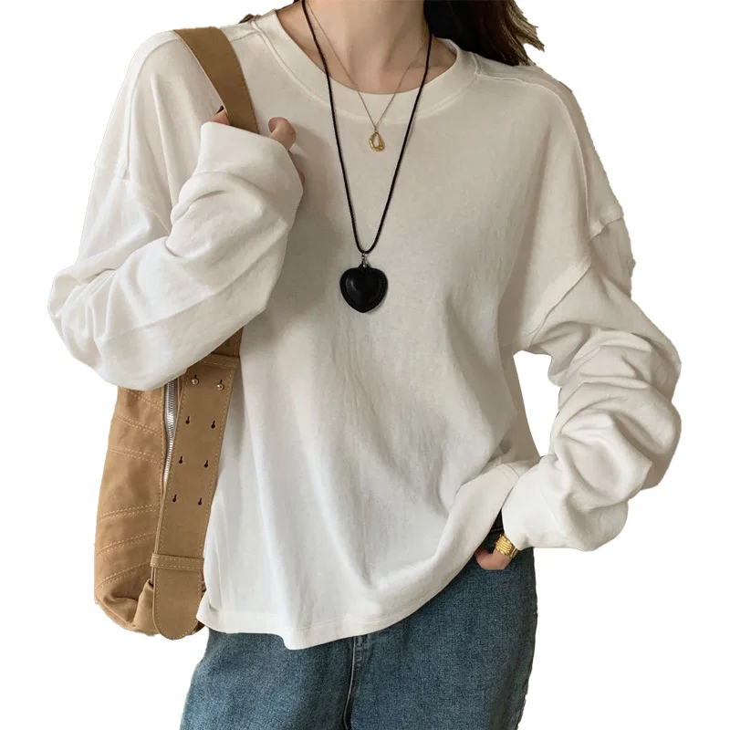 T-shirt à manches longues et col rond pour femme, ample, polyvalent et fin, Style paresseux, couleur unie, nouvelle collection 2025