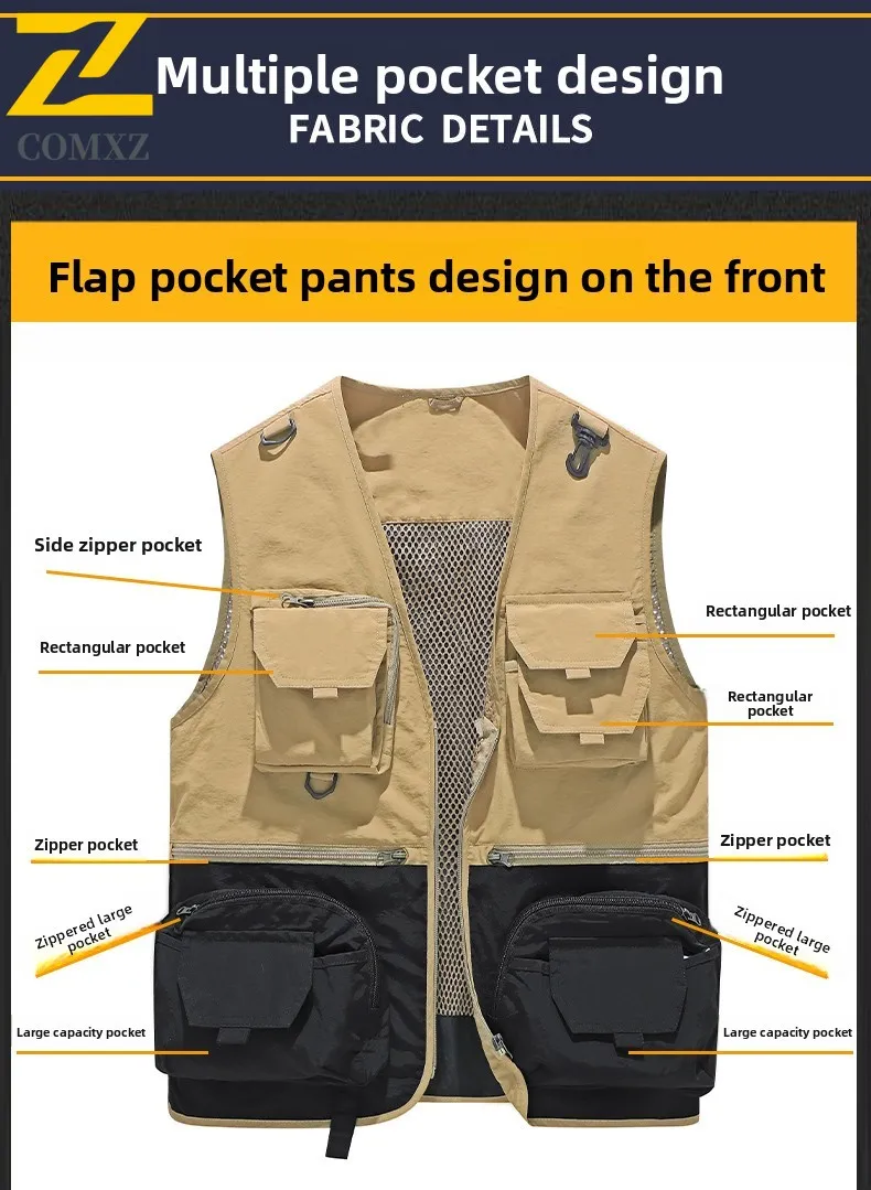 الرجال سترة الصيف لون جديد منعت متعدد جيب فضفاض تنفس الخامس الرقبة أكمام معطف الترفيه في الهواء الطلق التخييم التصوير سترة #6