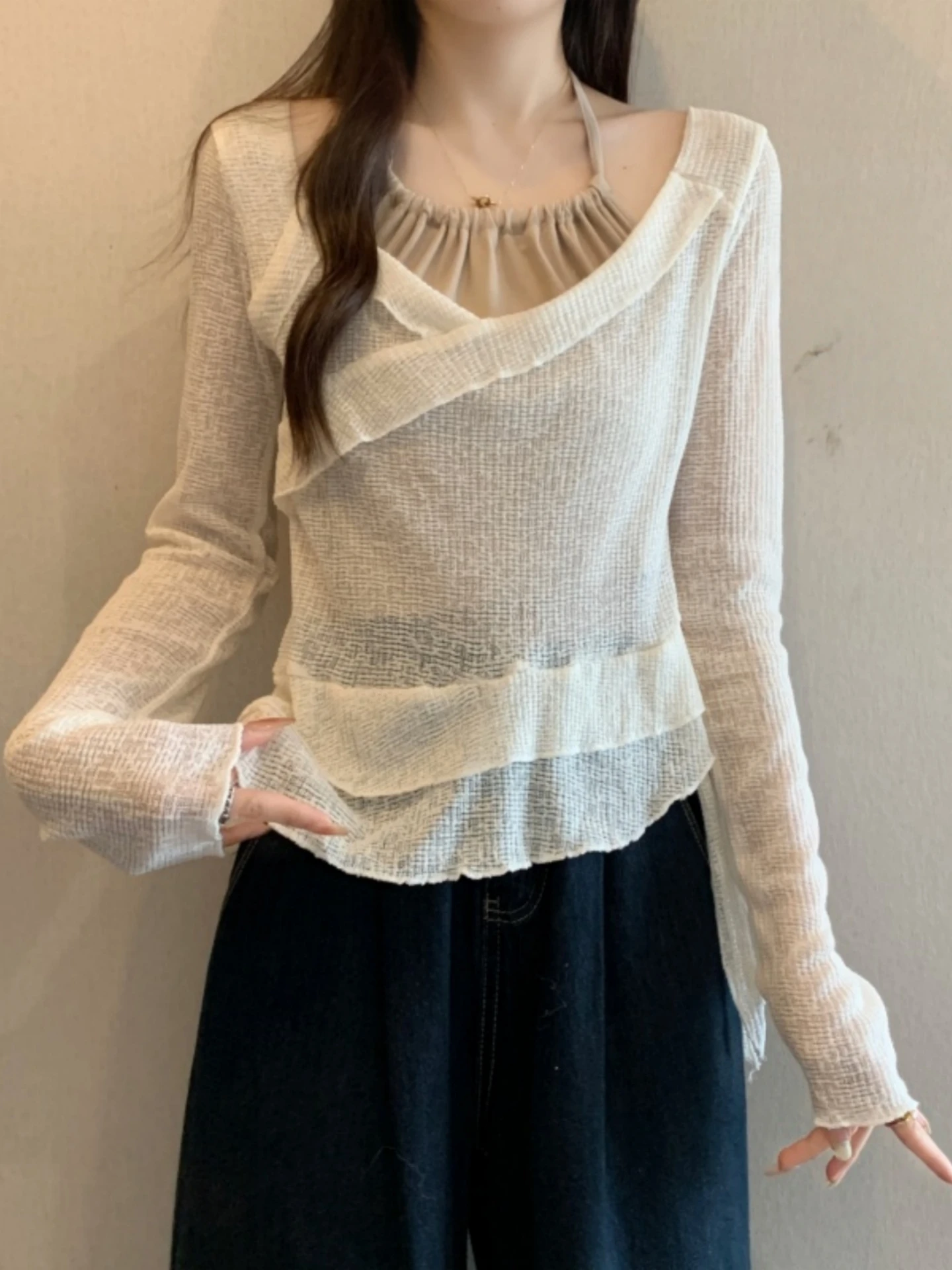 

Slimming Short Knitted Base Shirt Women's Fashionable Long Sleeve Korean Style Polyester Fiber V-neck Banded Asymmetrical Top