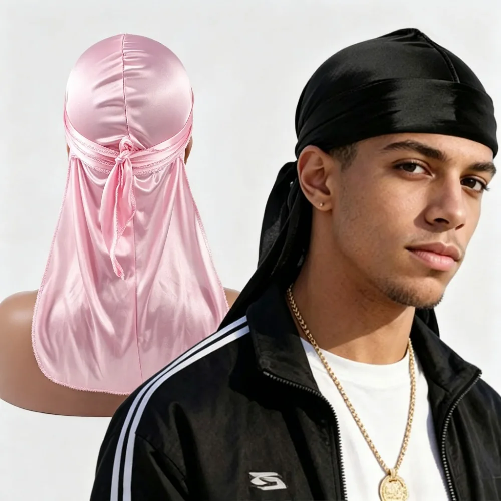 Silky Long Tail Durag Turban, Unisex Pirate Headwrap, Stylish Bandana Hijab Hair Cap for Men Women, Soft Satin Head Scarf