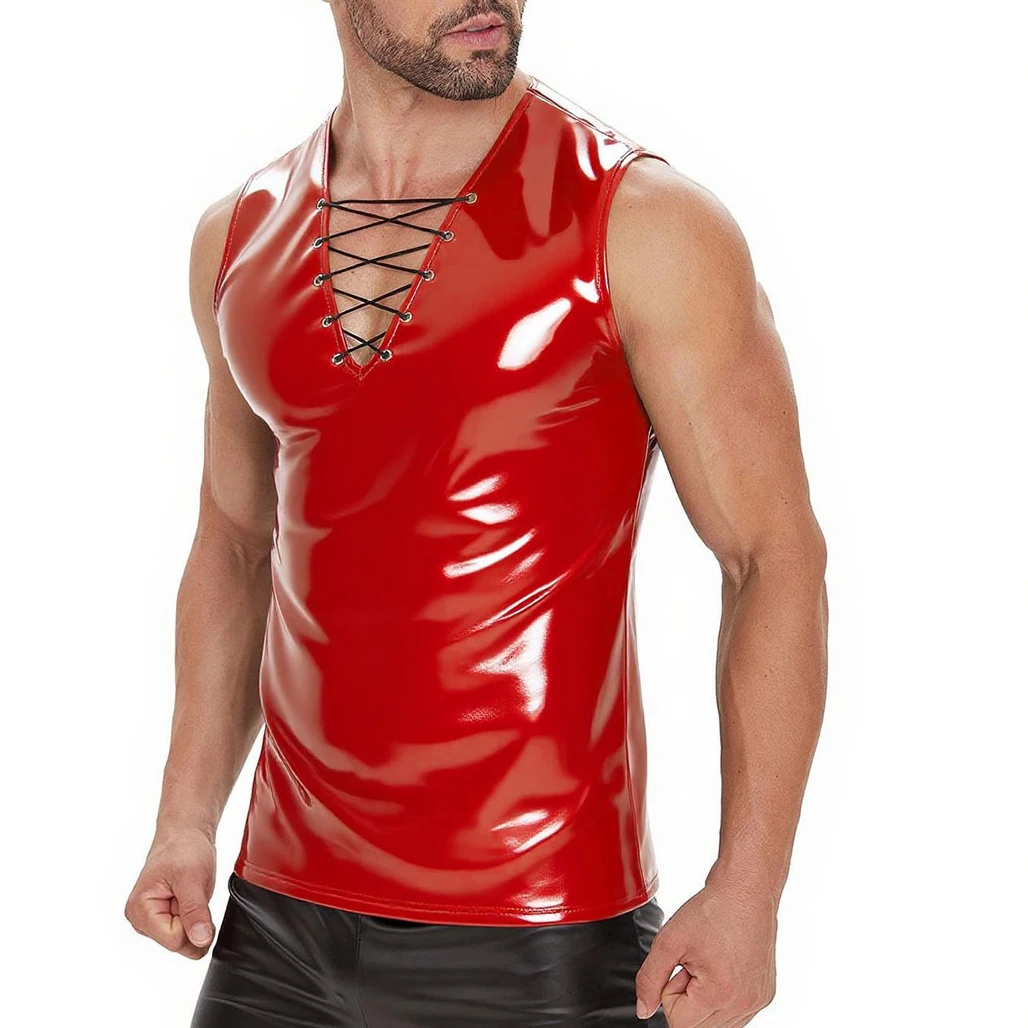 Size S-7XL Men's Slim Fit Tank Tops Shiny Wet Look PVC Leather Lace-up V-neck Vest Nightclub Party Stage Performance Costumes