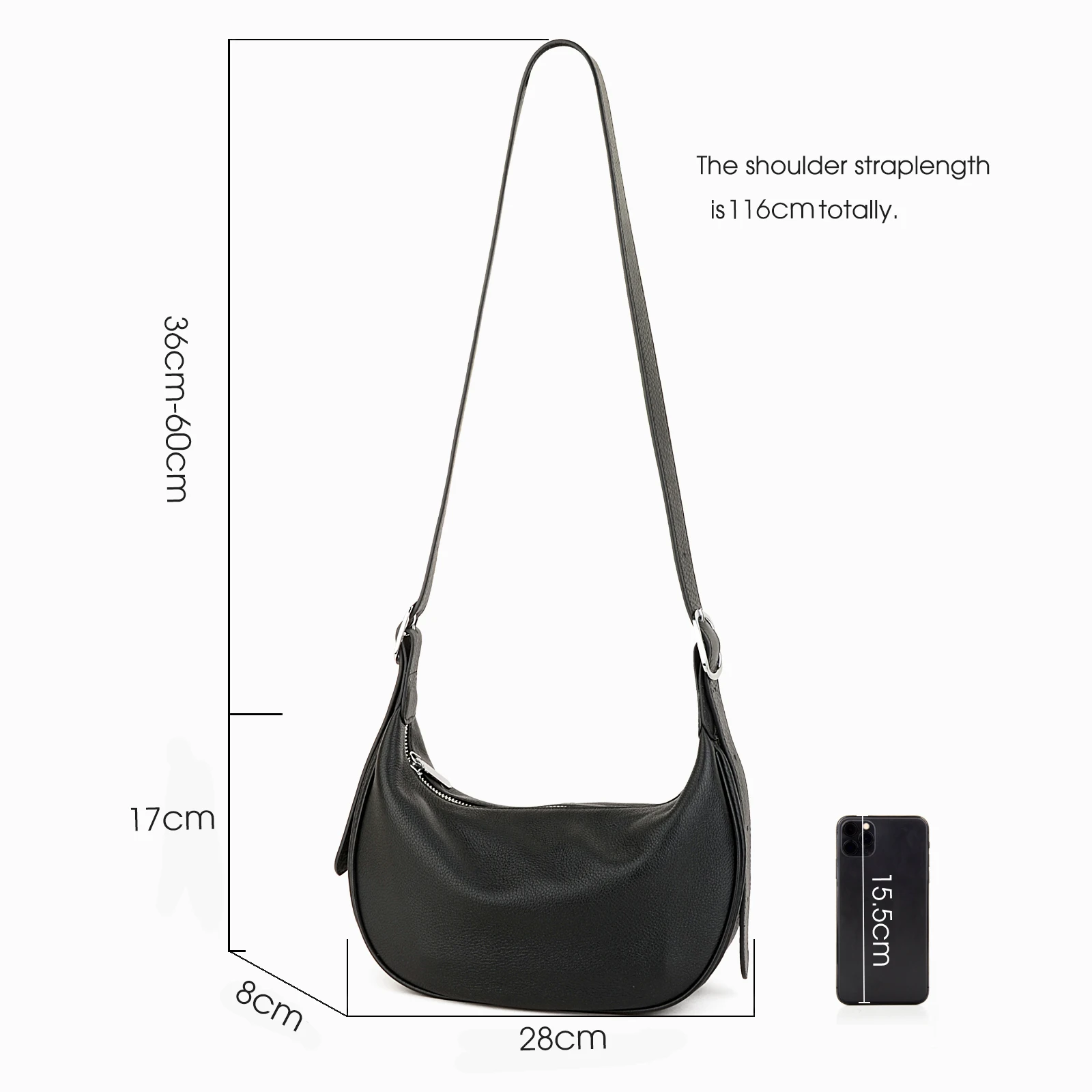 女性用ドナインフルグレインソフトレザーホーボーバッグ、クレセントクロスボディ、トレンディーなブラック、ハーフムーンショルダーバッグ、カジュアルビジネス