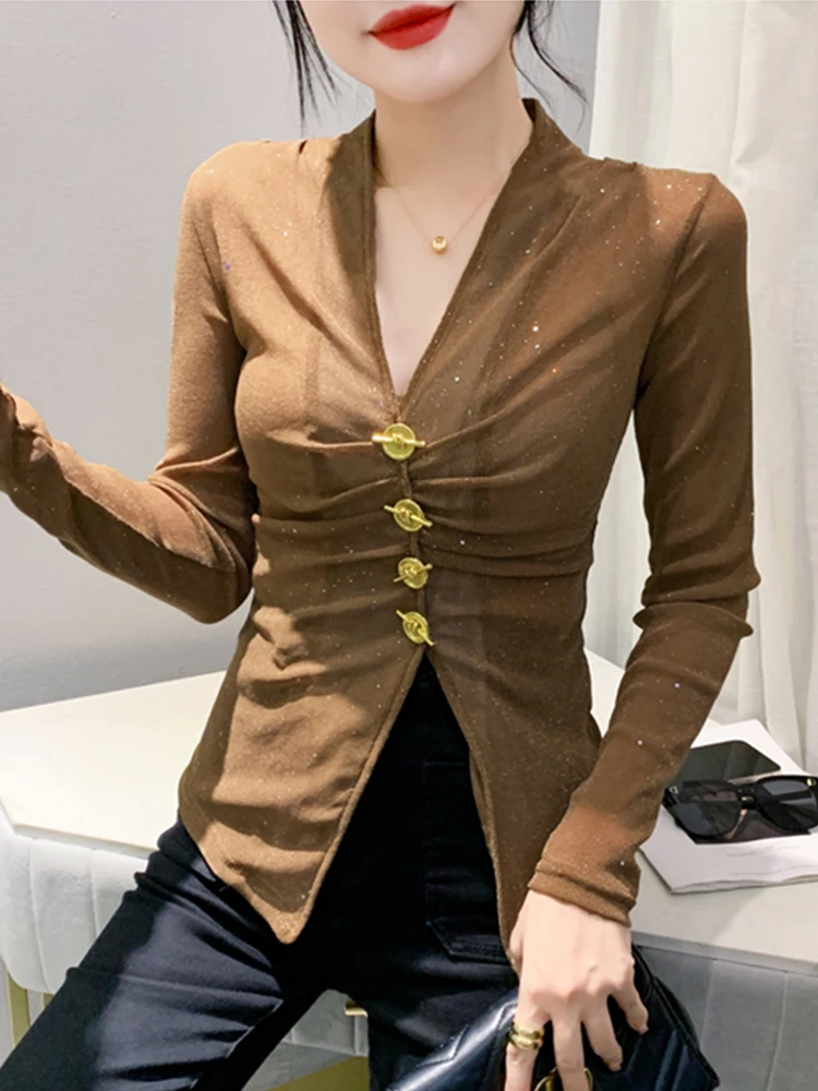 

Asymmetric Long Sve V-Ne T-irt Women's Spring Autumn Sexy Me Waist-Cinching Slimming Lace Underlay Bright Tead