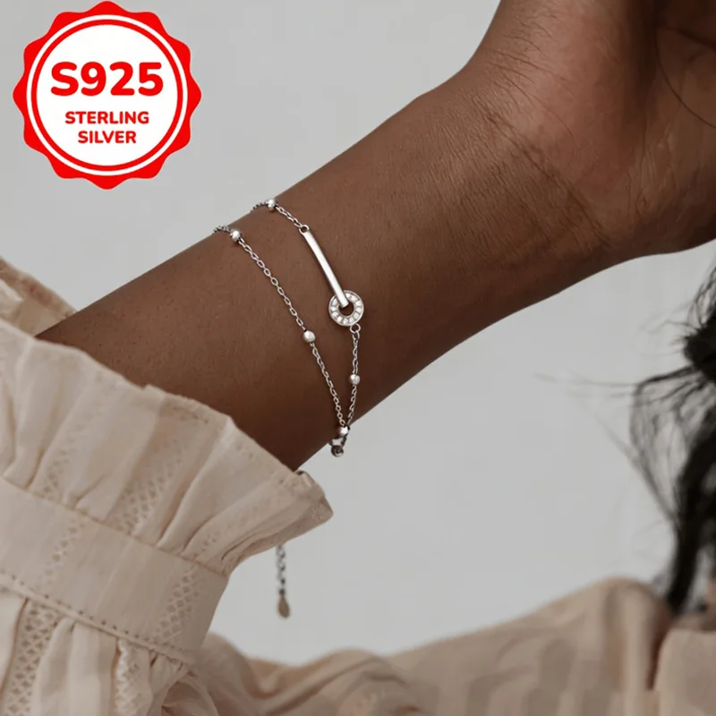 925 Silver Hypoallergenic Interlocking Double Layer Bracelet Women Stackable Fashion Jewelry Valentines Mothers Day Gift