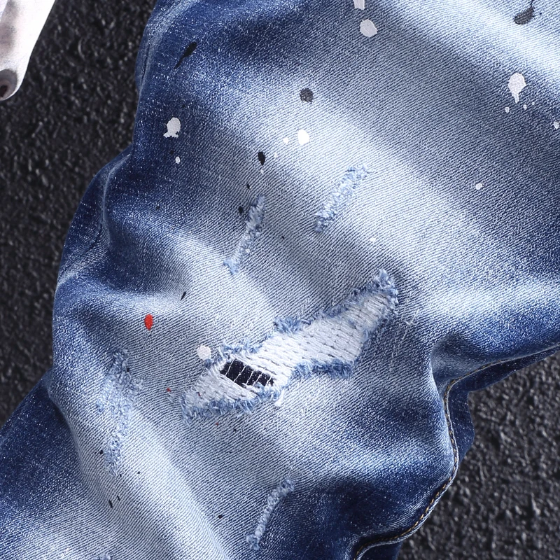 Street Fashion Men Jeans Retro Blue Stretch Elastic Slim Fit Ripped Jeans Men Painted Designer Hip Hop Denim Pencil Pants Hombre