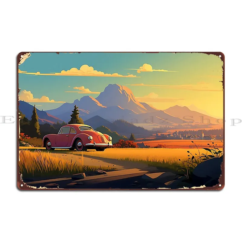 Vintage Car Ghibli Landscape Illustration A Charming And Whimsical Way To Add A Touch Of Japanese Anime To Your Home Metal Sign