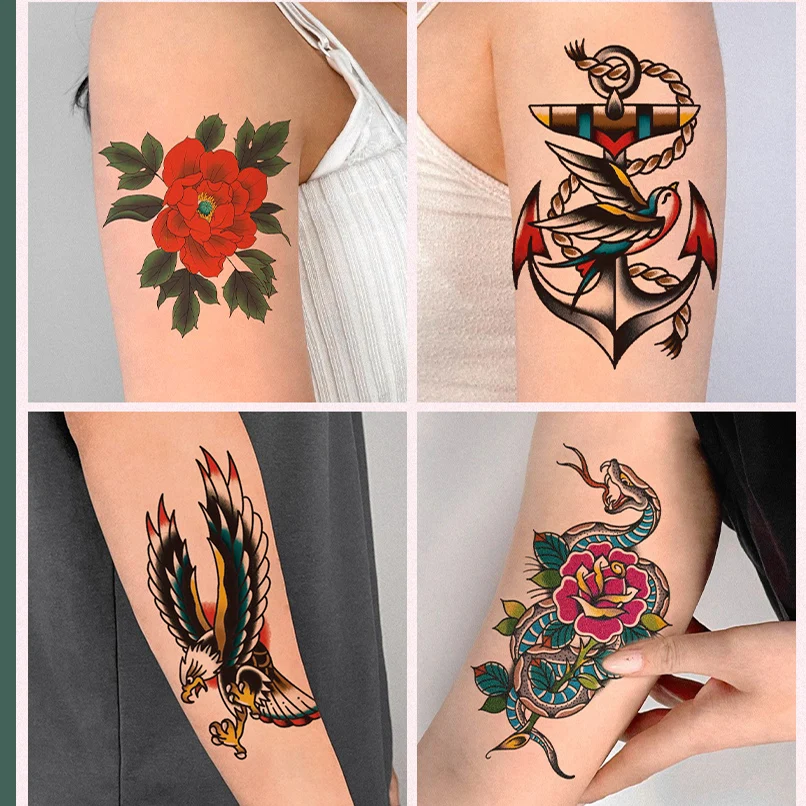 10Pcs Retro Old School Tattoo Style Cartoon Sticker Colorful Eagle Butterfly Flower Cartoon Graffiti Decals Sticker Body Art