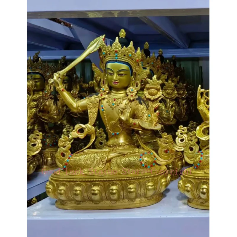 

13" large wholesale Buddhism Temple buddha statue Manjusri Bodhisattva family exorcise evil spirits Gold plating copper statue